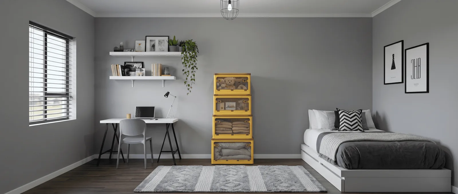 Dormitorio con cajas organizadoras de Seppia